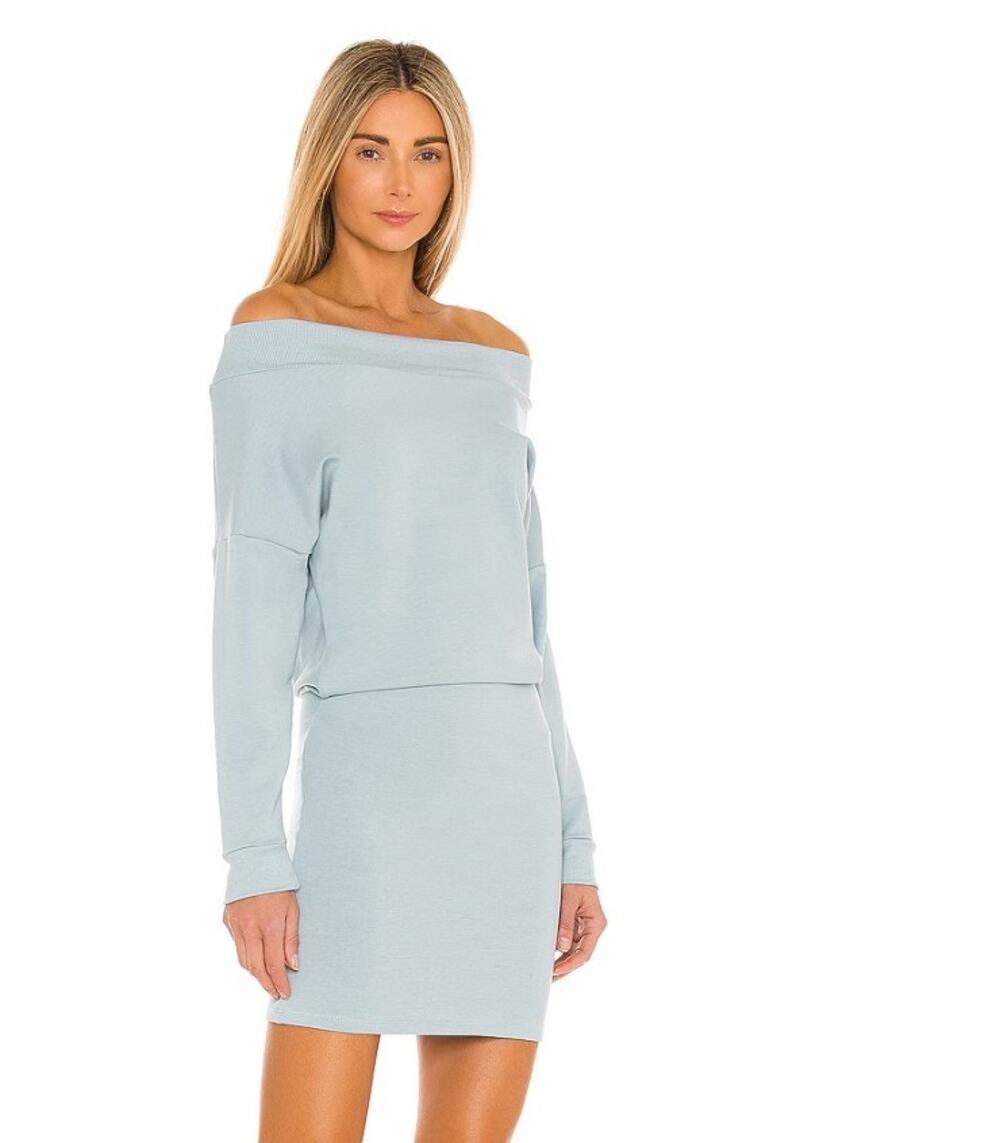 INDAH Baby Ruth Mini Dress Size Small Clear Blue Off-the-Shoulder Cozy Bamboo